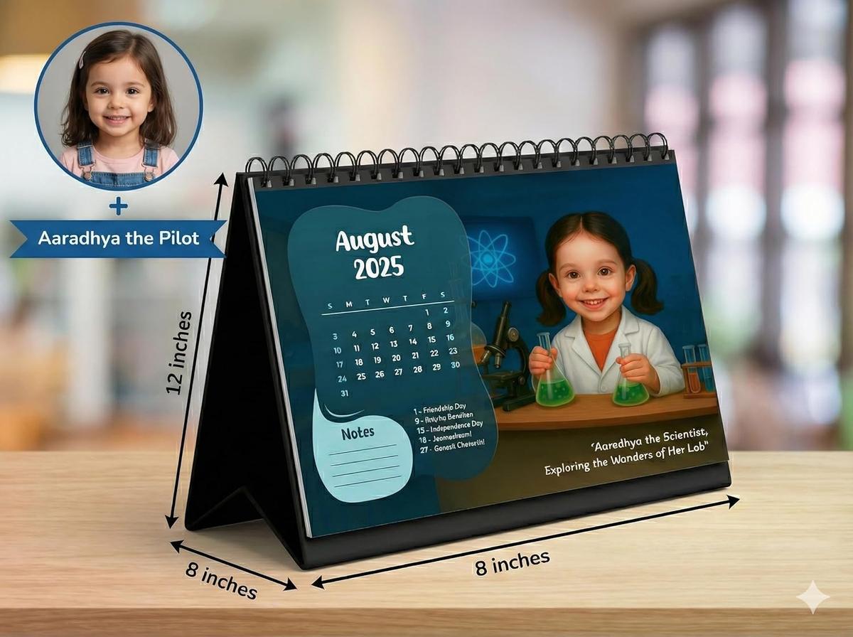 Personalised Kids Desk Calendar | Custom Name & Photo Caricature Calendar | 12 Monthly Career Theme Illustrations + 6 Career Theme in one Page | Spiral Table Calendar Gift for Kids & Family
