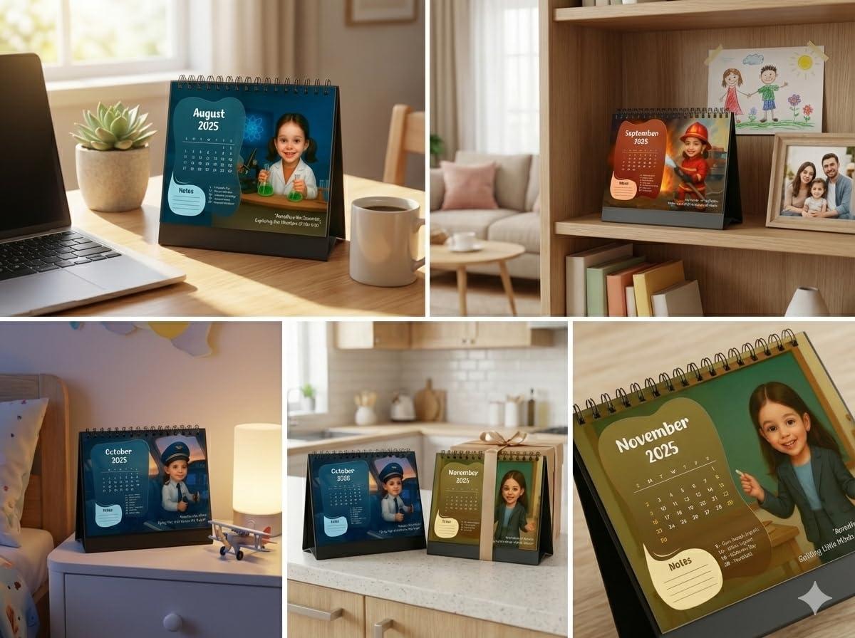Personalised Kids Desk Calendar | Custom Name & Photo Caricature Calendar | 12 Monthly Career Theme Illustrations + 6 Career Theme in one Page | Spiral Table Calendar Gift for Kids & Family