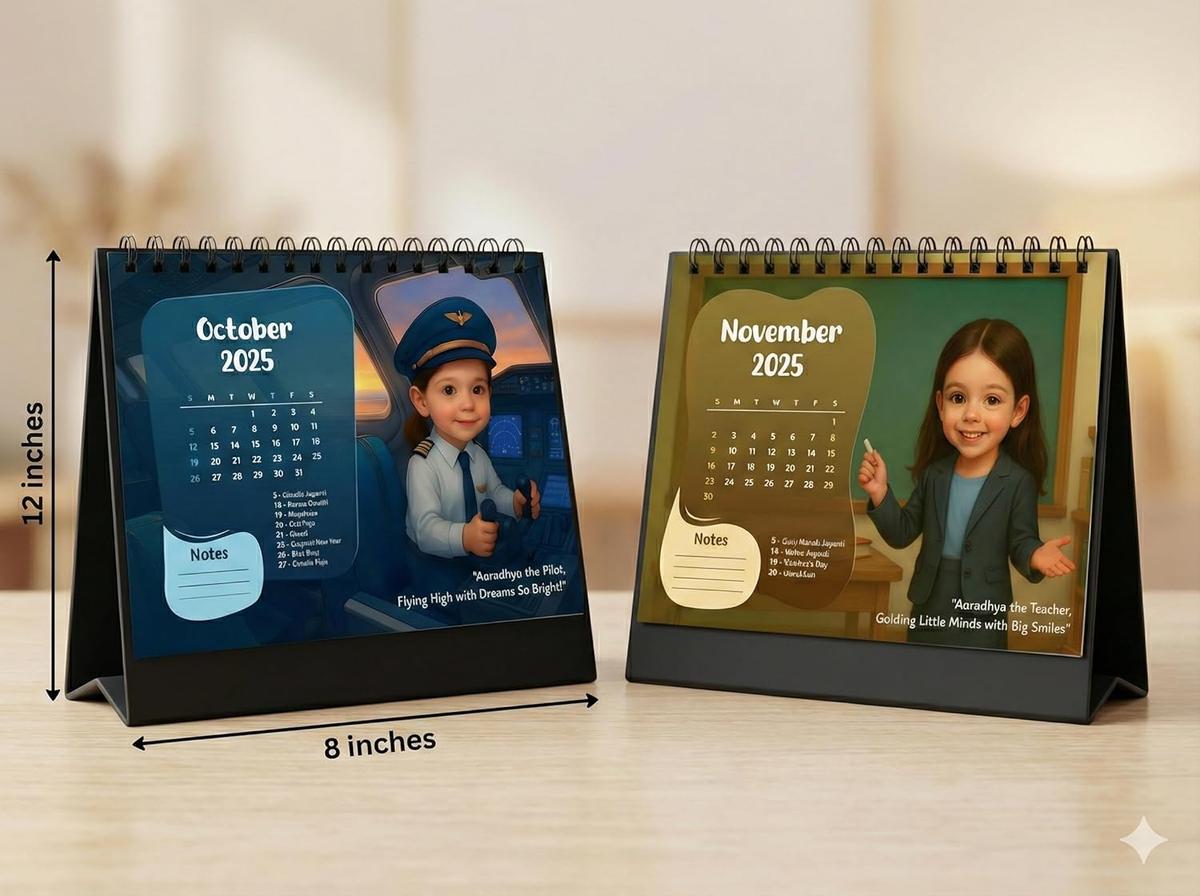 Personalised Kids Desk Calendar | Custom Name & Photo Caricature Calendar | 12 Monthly Career Theme Illustrations + 6 Career Theme in one Page | Spiral Table Calendar Gift for Kids & Family