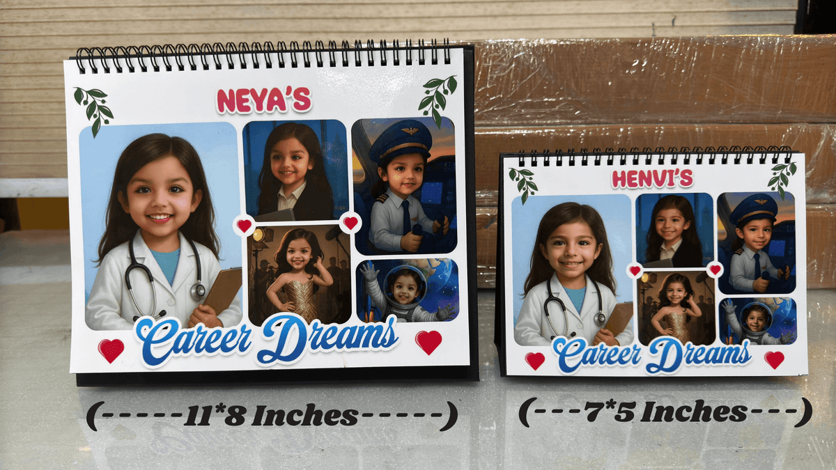 Personalised Kids Desk Calendar | Custom Name & Photo Caricature Calendar | 12 Monthly Career Theme Illustrations + 6 Career Theme in one Page | Spiral Table Calendar Gift for Kids & Family