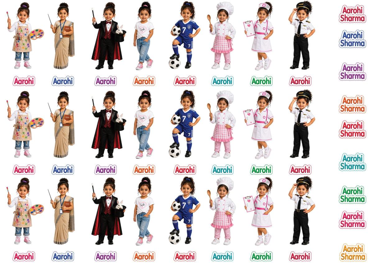 Personalized Character Name DTF Stickers for Girls | Your Child as 8 Career Characters with Name | 2 Designs