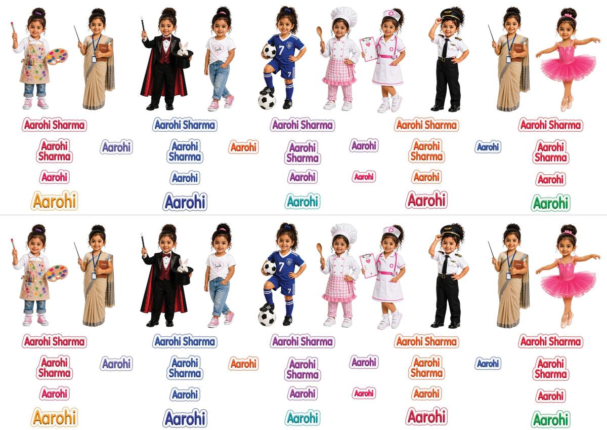 Personalized Character Name DTF Stickers for Girls | Your Child as 8 Career Characters with Name | 2 Designs