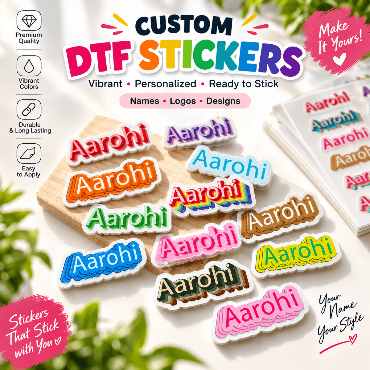 Personalized Name Text DTF Stickers for Kids | 75 Colourful Name Stickers | First Name or Name & Surname