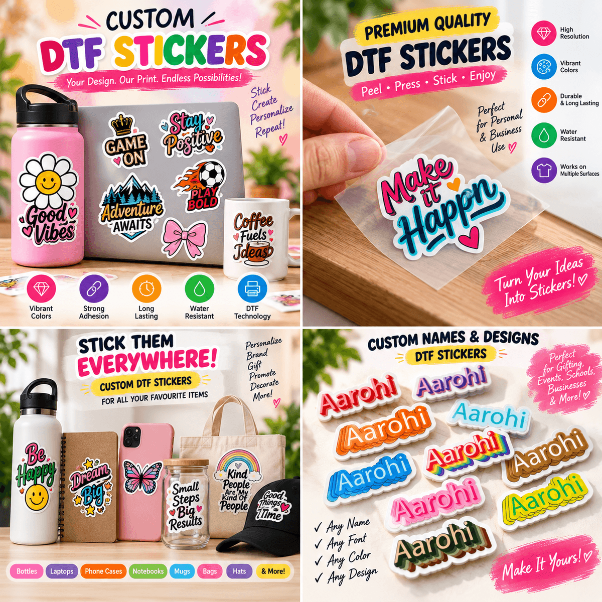 Personalized Name Text DTF Stickers for Kids | 75 Colourful Name Stickers | First Name or Name & Surname