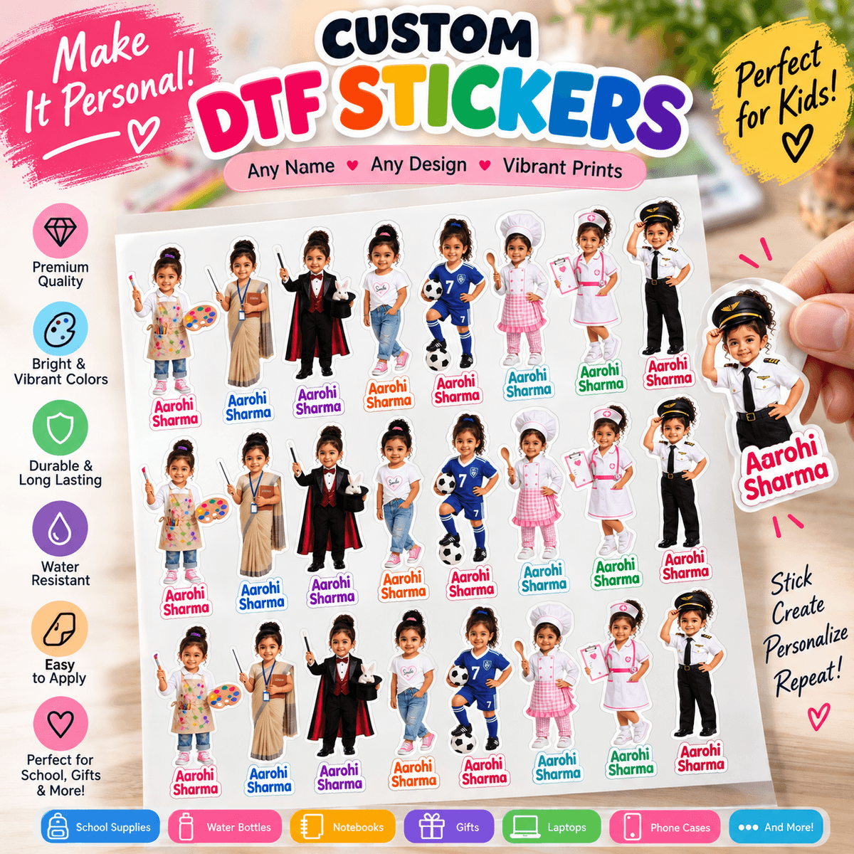 Personalized Character Name DTF Stickers for Girls | Your Child as 8 Career Characters with Name | 2 Designs