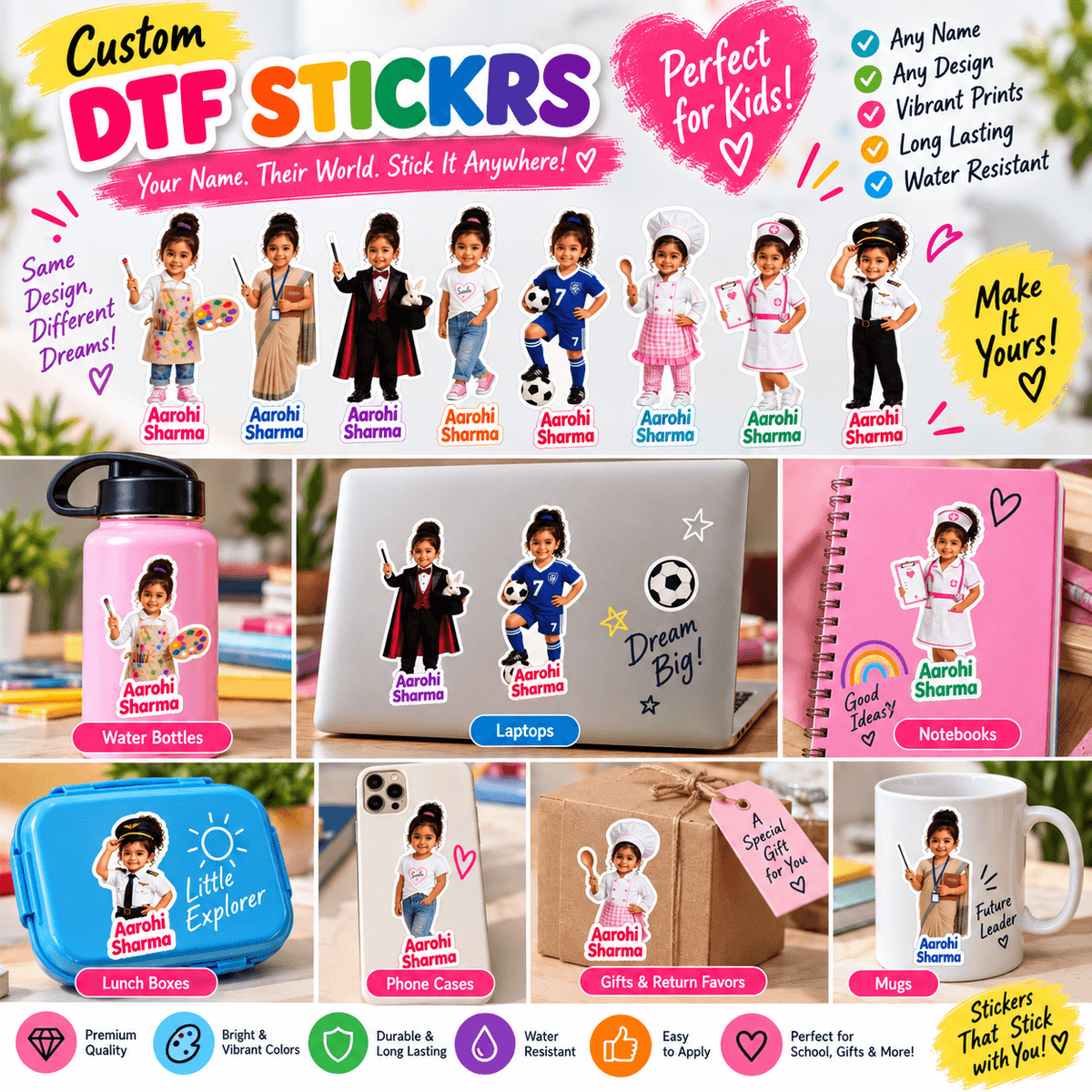Personalized Character Name DTF Stickers for Girls | Your Child as 8 Career Characters with Name | 2 Designs