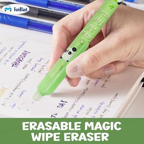 KiddoStore Cute Panda Erasable Gel Pens – 12 Pcs of Gel Pen with Magic Eraser, Kawaii Gel Pens, Lightweight Gel Pen with Comfortable Grip, Stationery for School & Office – Blue Ink