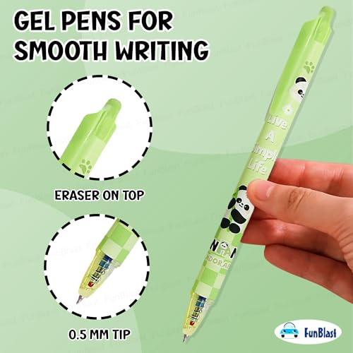KiddoStore Cute Panda Erasable Gel Pens – 12 Pcs of Gel Pen with Magic Eraser, Kawaii Gel Pens, Lightweight Gel Pen with Comfortable Grip, Stationery for School & Office – Blue Ink