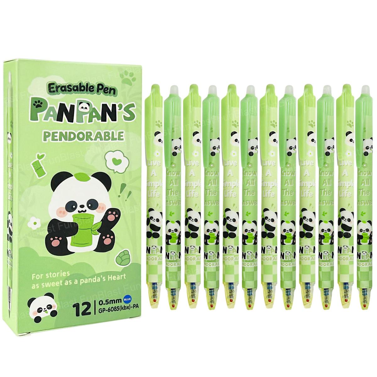 KiddoStore Cute Panda Erasable Gel Pens – 12 Pcs of Gel Pen with Magic Eraser, Kawaii Gel Pens, Lightweight Gel Pen with Comfortable Grip, Stationery for School & Office – Blue Ink