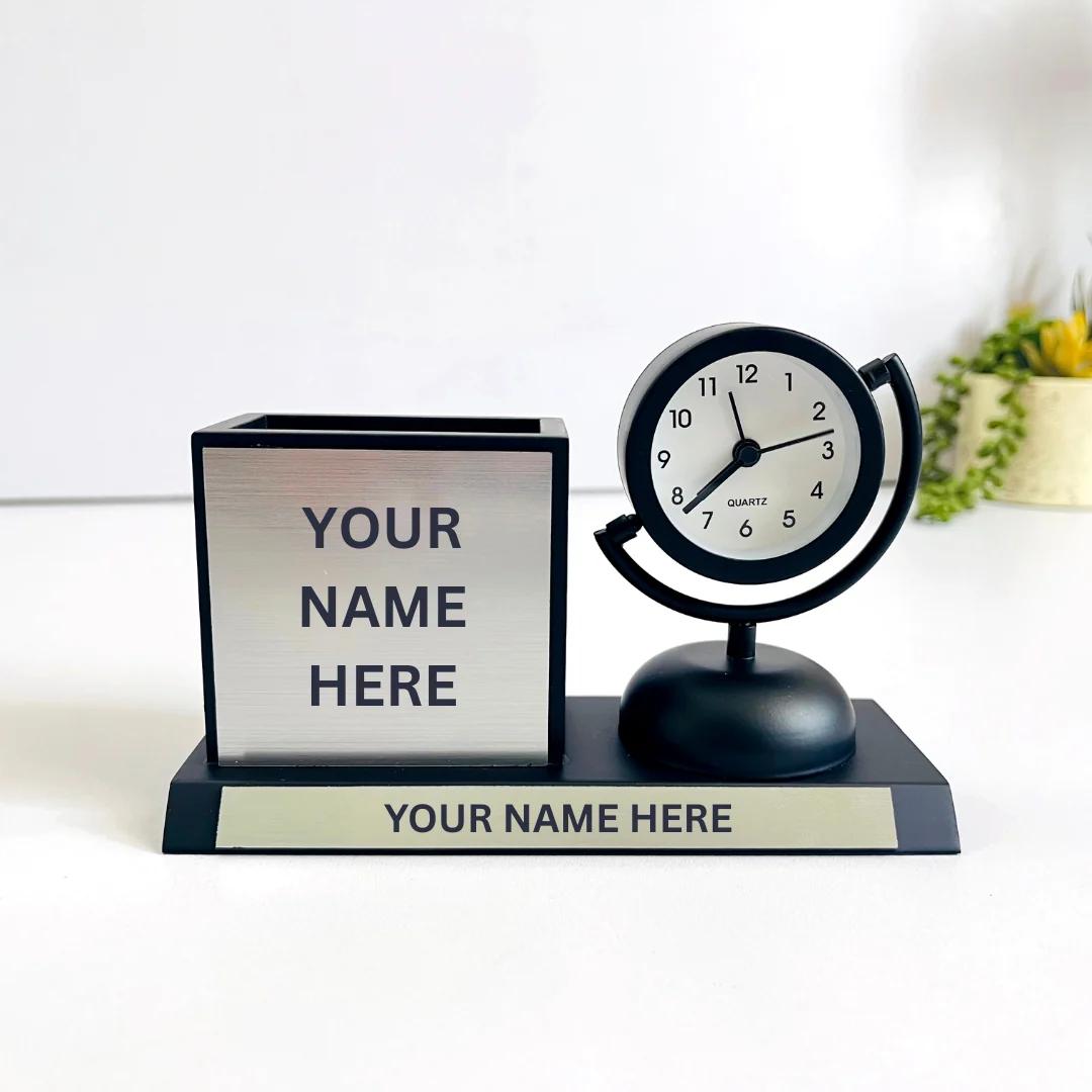 Elite Desk Companion – Personalized Clock Pen Stand