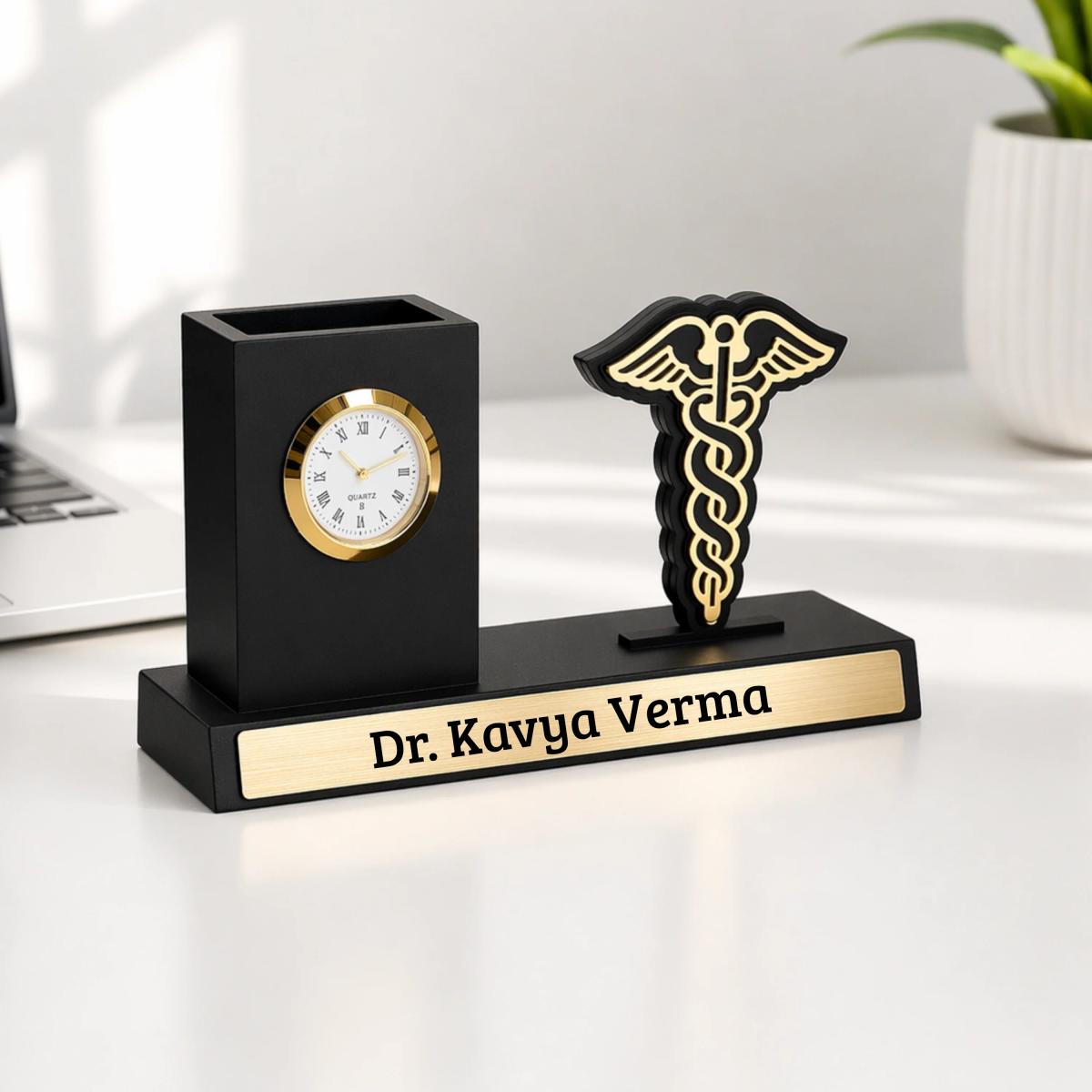 Personalized Doctor Desk Organizer with Clock & Pen Stand | Corporate Gift