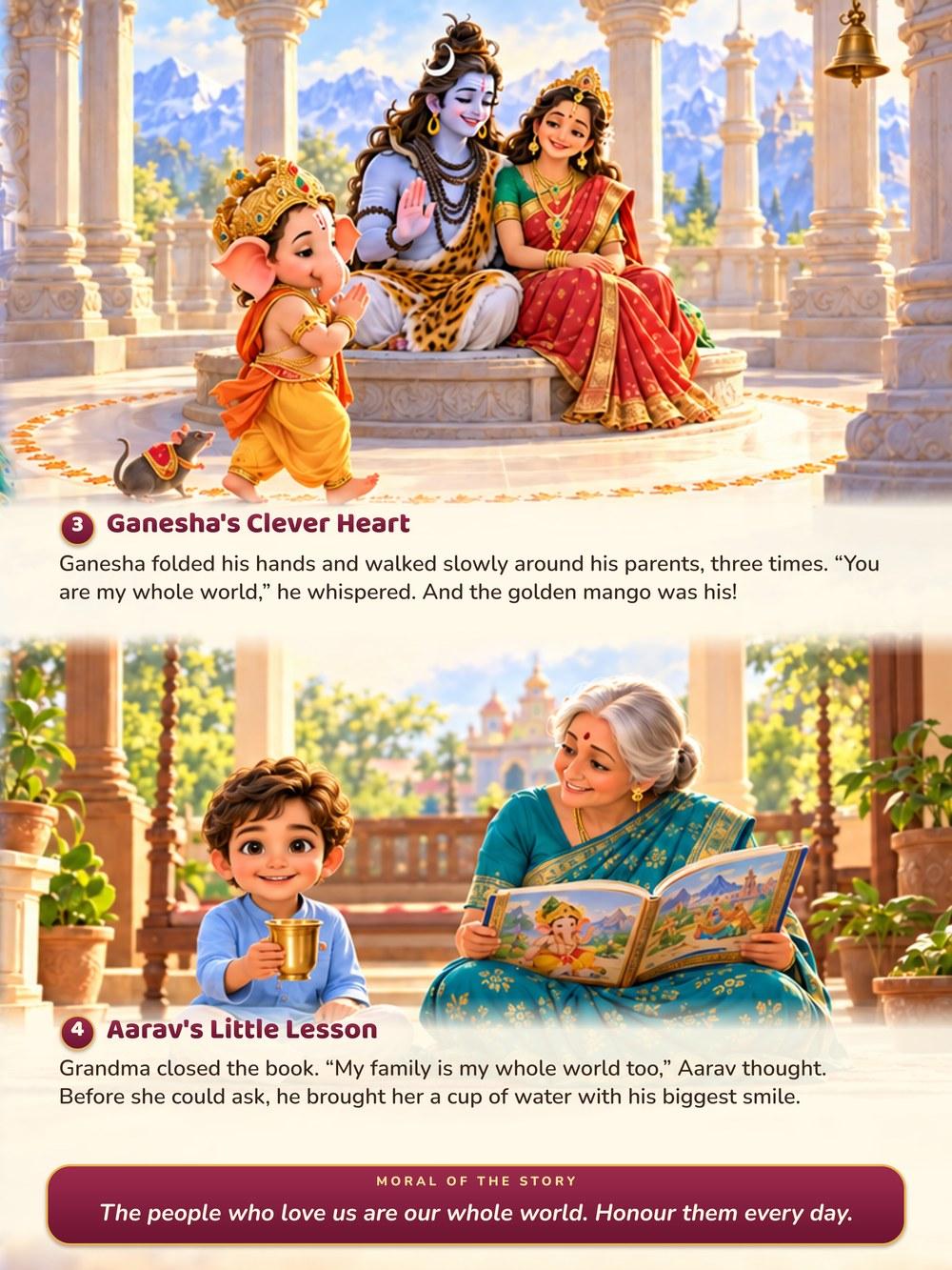 The child in the story's modern scene, with his name in the text and the moral