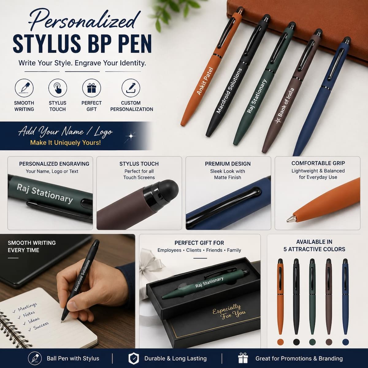 Personalized Bright MultiColor Ballpoint Pens with Name – Soft-Touch Matte Custom Pen Set personalized storybook cover thumbnail