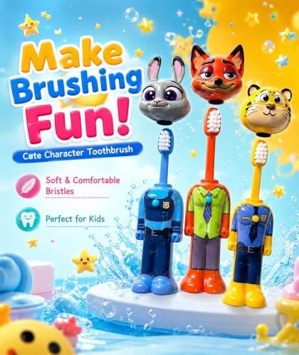 Kids Cartoon Animal Character Toothbrush with Soft Bristles & Easy Grip Handle, Assorted (Random 3pcs)