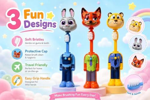 Kids Cartoon Animal Character Toothbrush with Soft Bristles & Easy Grip Handle, Assorted (Random 3pcs)