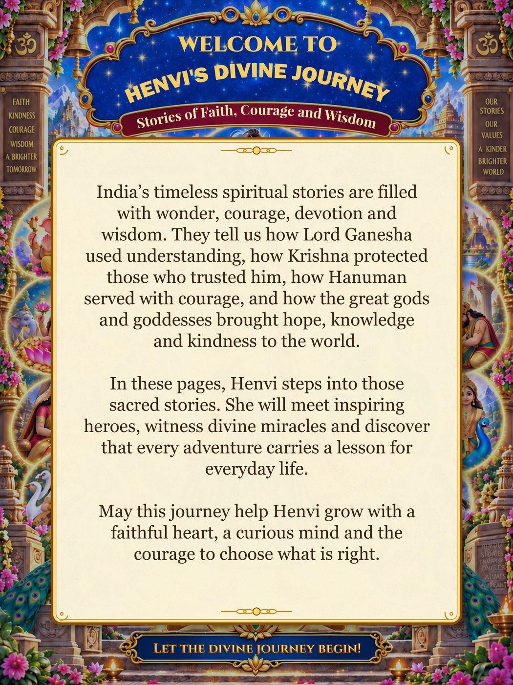 Welcome page of the personalised Divine Journey book with the child's name