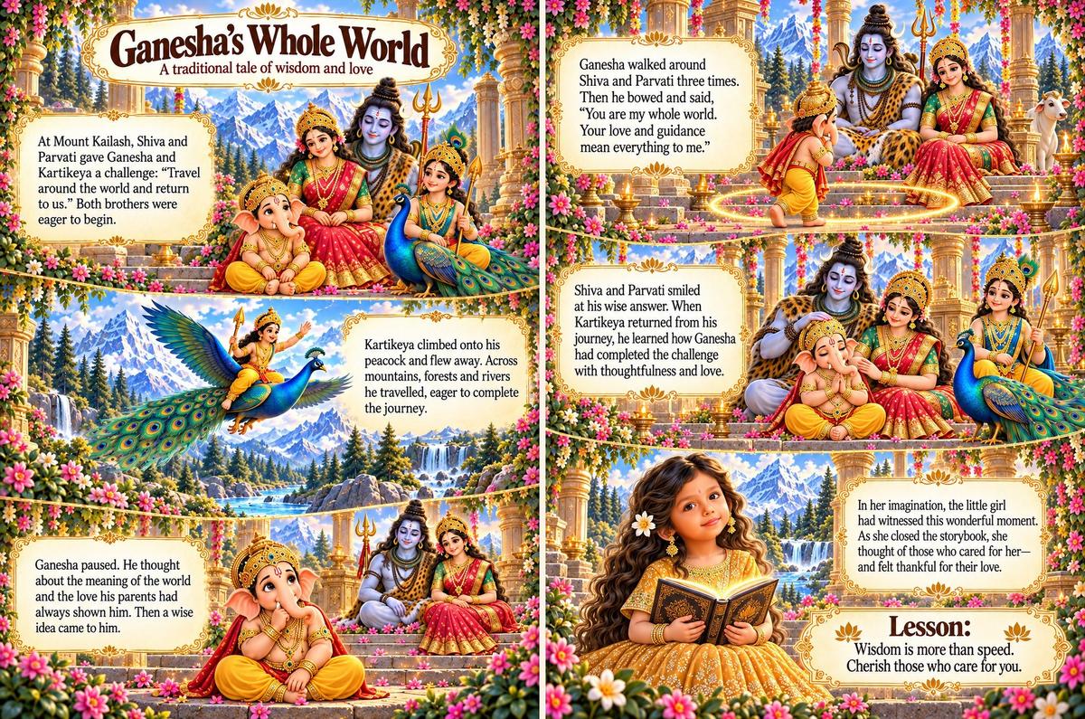 Ganesha's Whole World story spread with the child in the story
