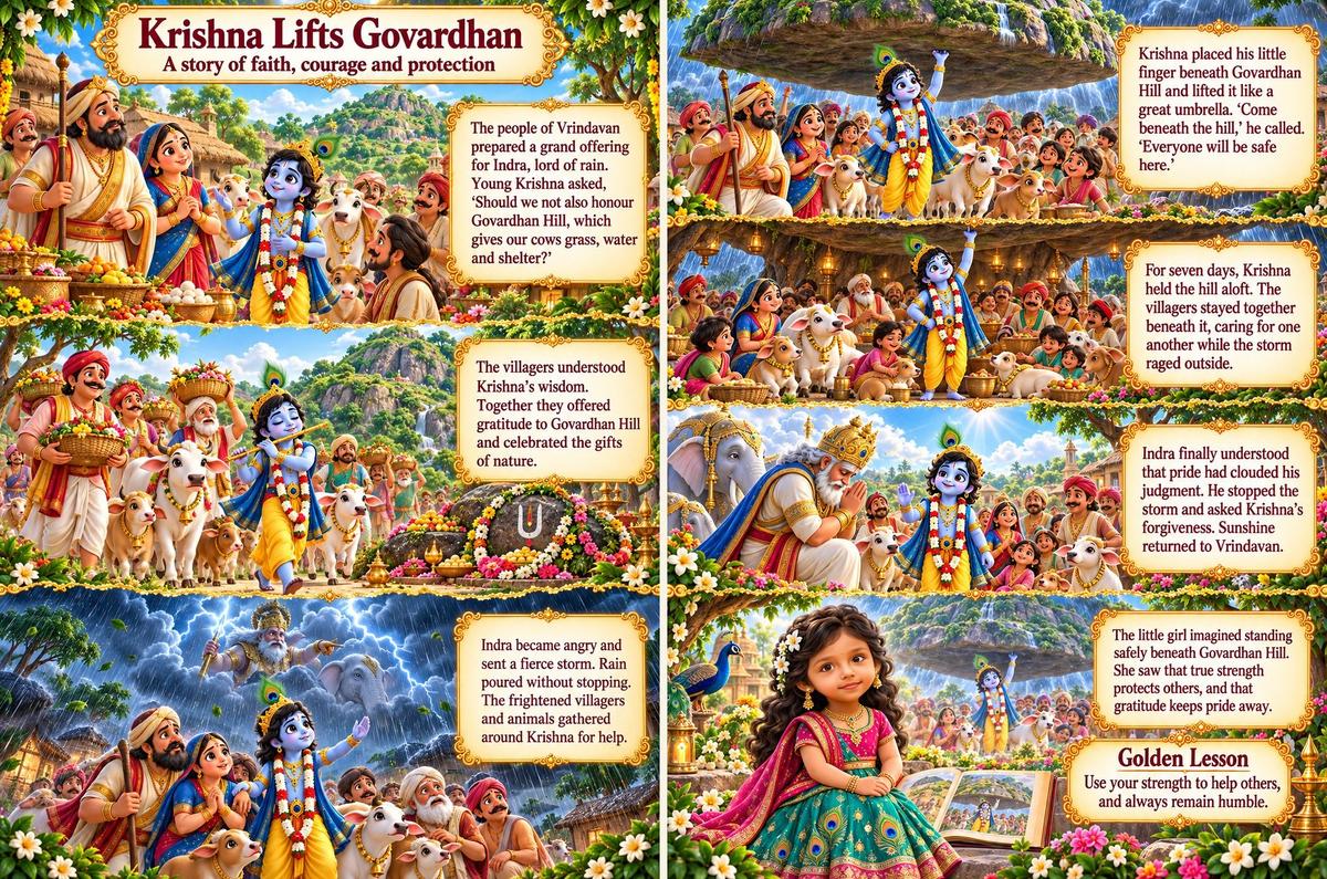 Krishna Lifts Govardhan story spread