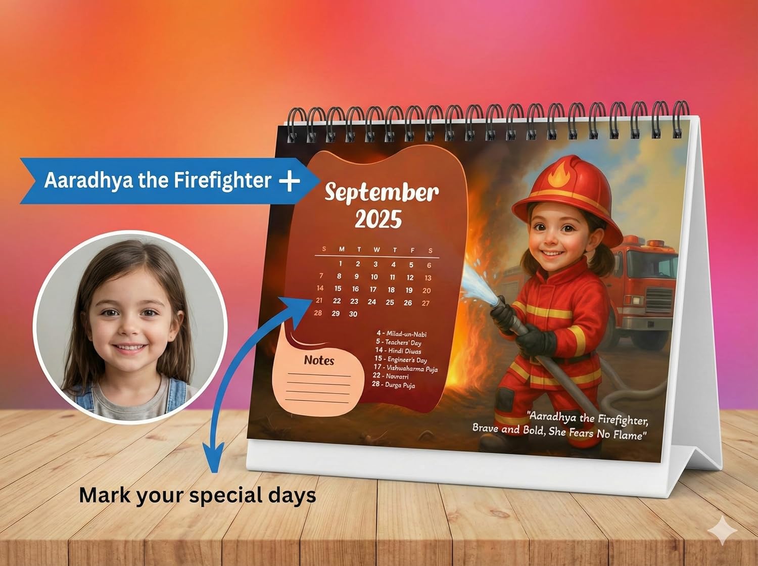 Personalised Kids Desk Calendar | Custom Name & Photo Caricature Calendar | 12 Monthly Career Theme Illustrations + 6 Career Theme in one Page | Spiral Table Calendar Gift for Kids & Family – personalised book for kids