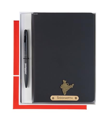 Black leather diary personalised with name and charm, with a matching metal pen in a gift box