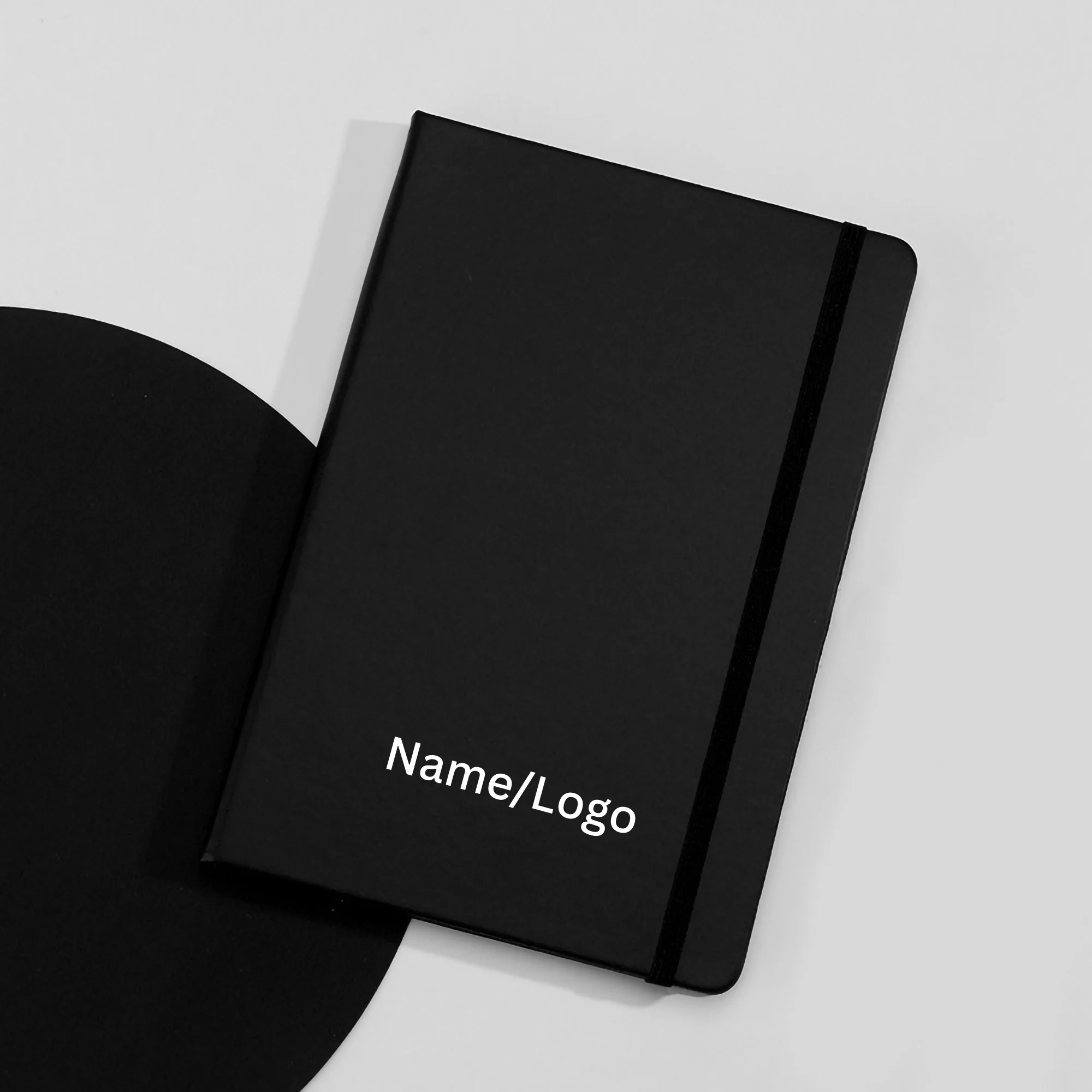 Set of five black personalised A5 notebooks with company logo or name