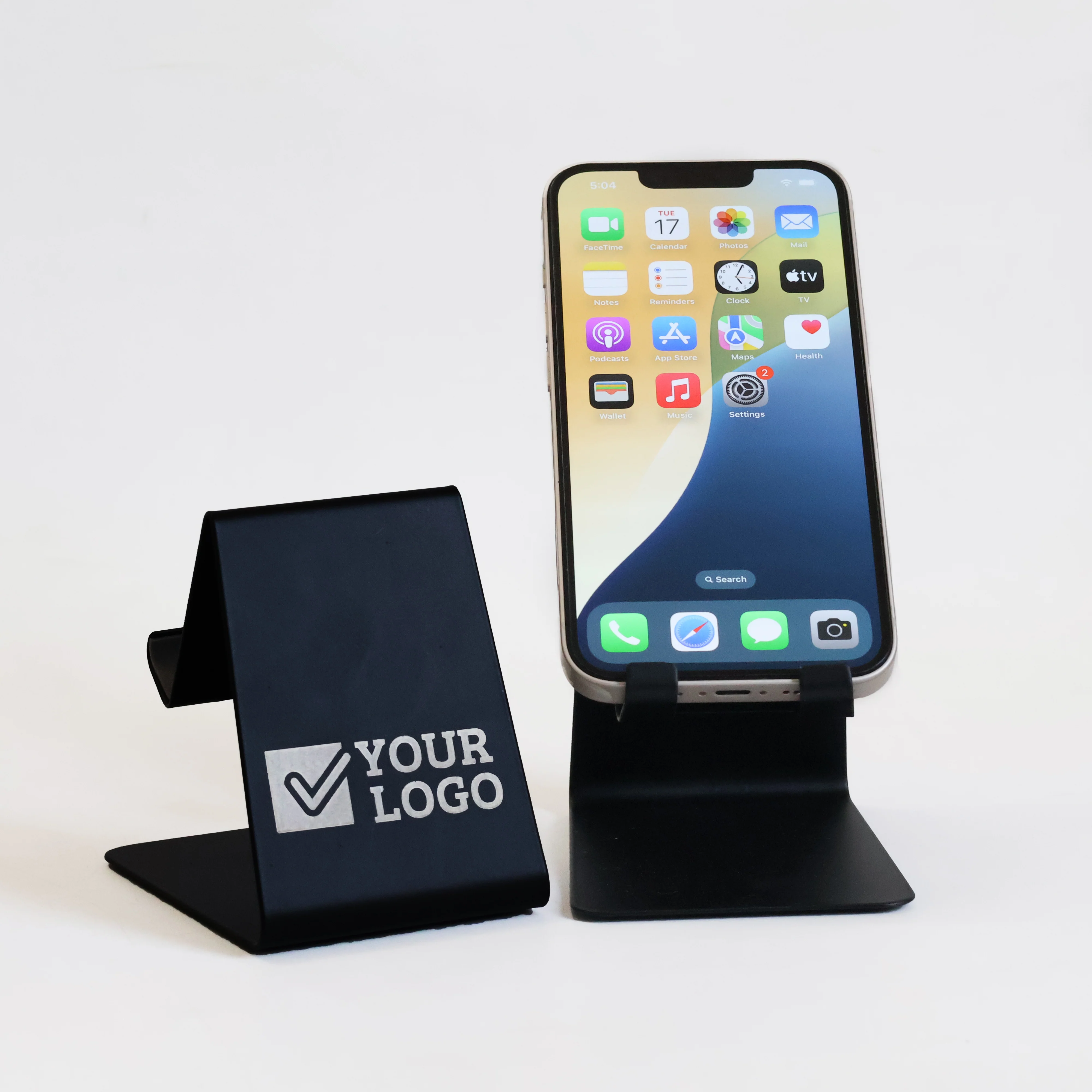 Personalised black stainless steel mobile phone desk stand