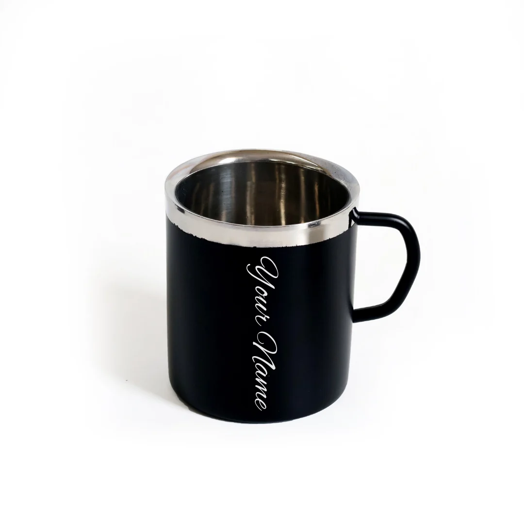 Personalised black stainless steel double-walled cup, 180 ml, engraved with a name