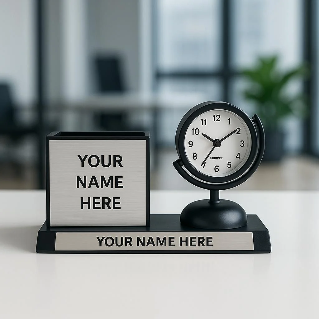 Personalised desk companion with built-in clock and pen stand