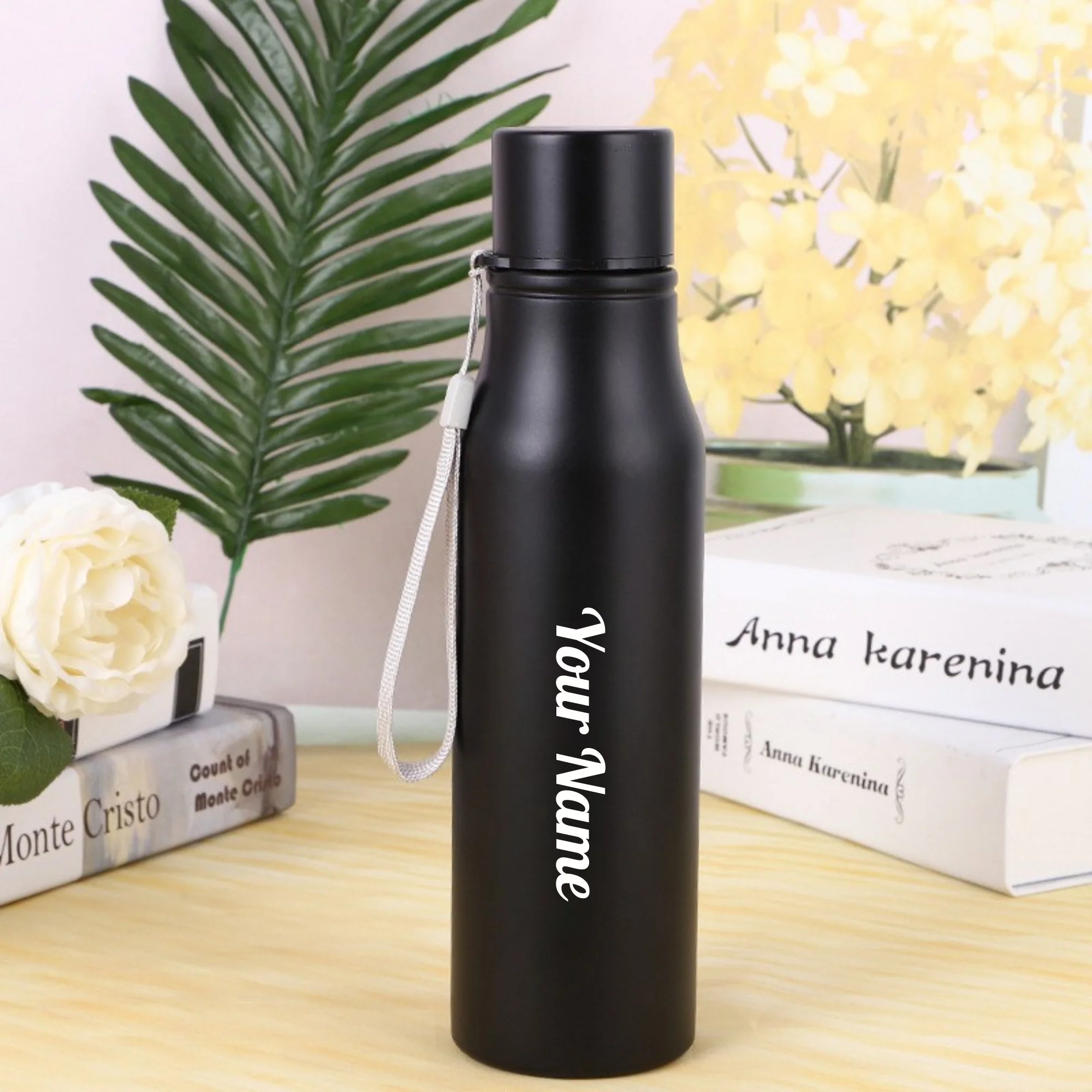 Personalised matte black stainless steel sports bottle with custom name or logo