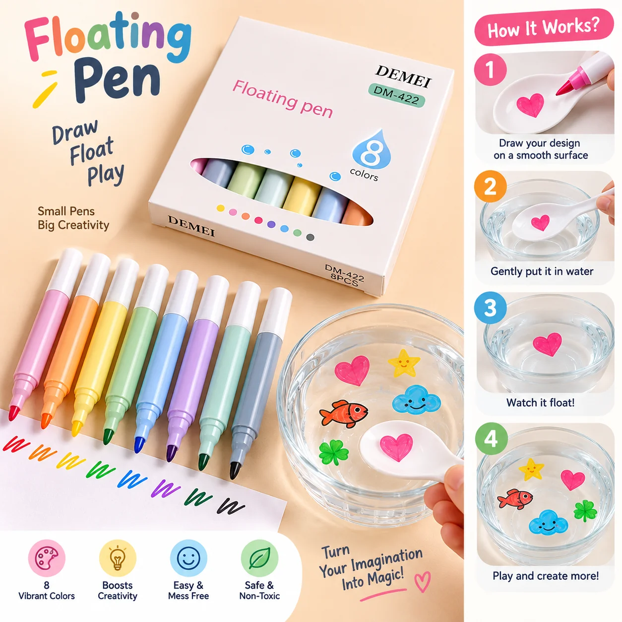 Magic floating ink pen set of 8 colours, drawings floating on water