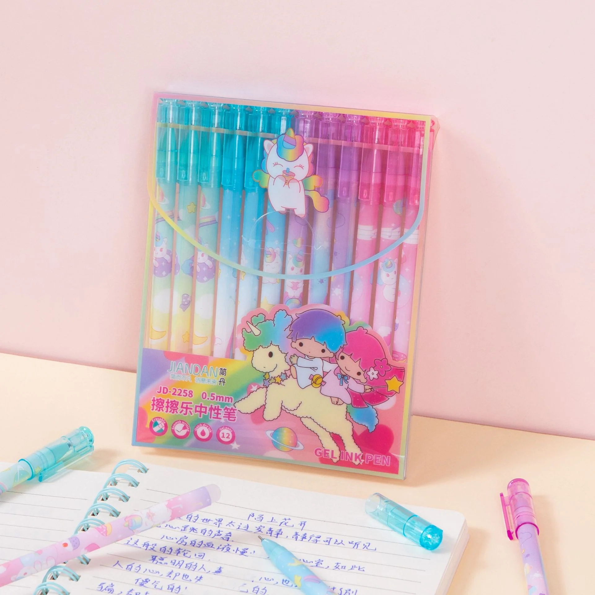 Pack of 12 unicorn-themed erasable gel pens in pastel pink, purple and blue