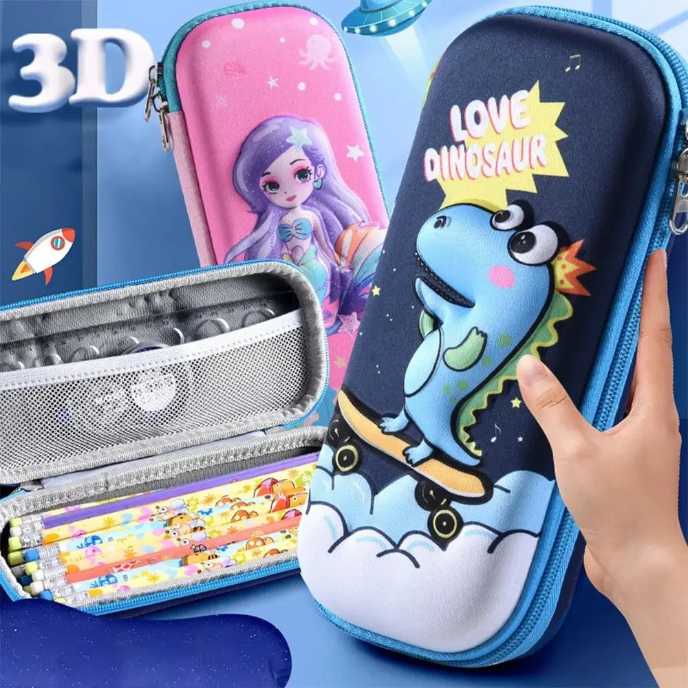 3D hard shell cartoon pencil cases, including a pink mermaid design, with a zip and inner compartments